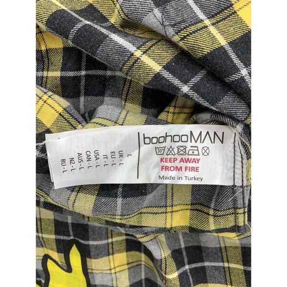 Boohoo Man Shirt Large Yellow Black Plaid Long Sleeve Button Up Smile Emoji - Picture 16 of 16